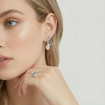 Crystal Bow Pearl Drop Earrings